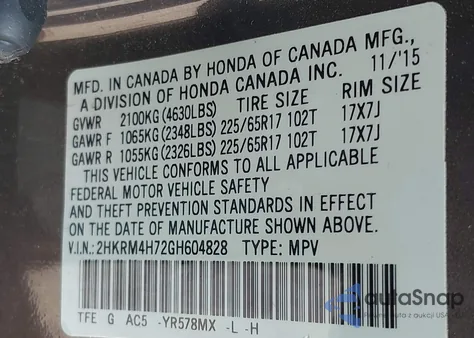 2016 Honda Cr-V Ex-L from USA, damaged, VIN 2HKRM4H72GH604828